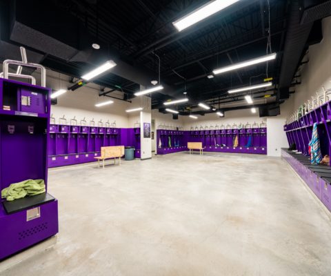 New locker rooms at Richardson High, with bright purple color