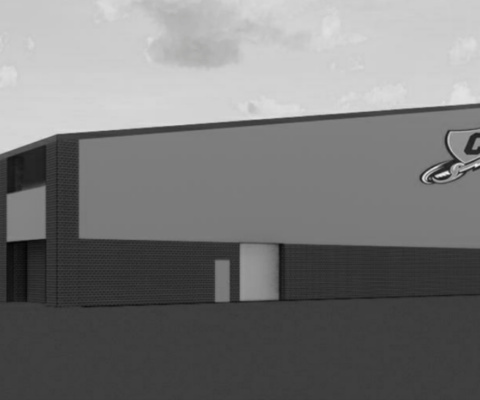 Rendering of a new indoor extracurricular building for Keller ISD at Central High School