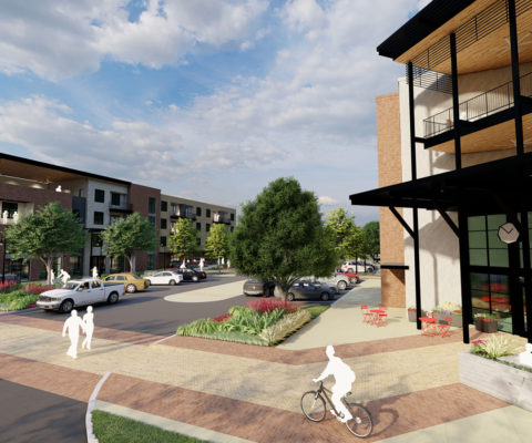 Rendering of future apartment buildings by Lakeline Station