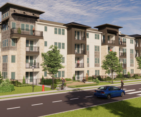 Architect rendering of apartments Alamo Ranch